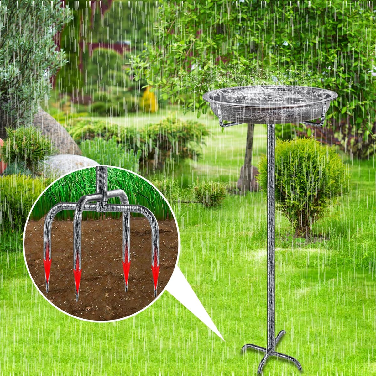 Bird Bath for Outdoors, Metal Garden Birdbath Bowl for Outside with 4 Prongs Base Stake, Bird Feeder for Garden Yard Lawn Deco (Retro Silver) — view 3