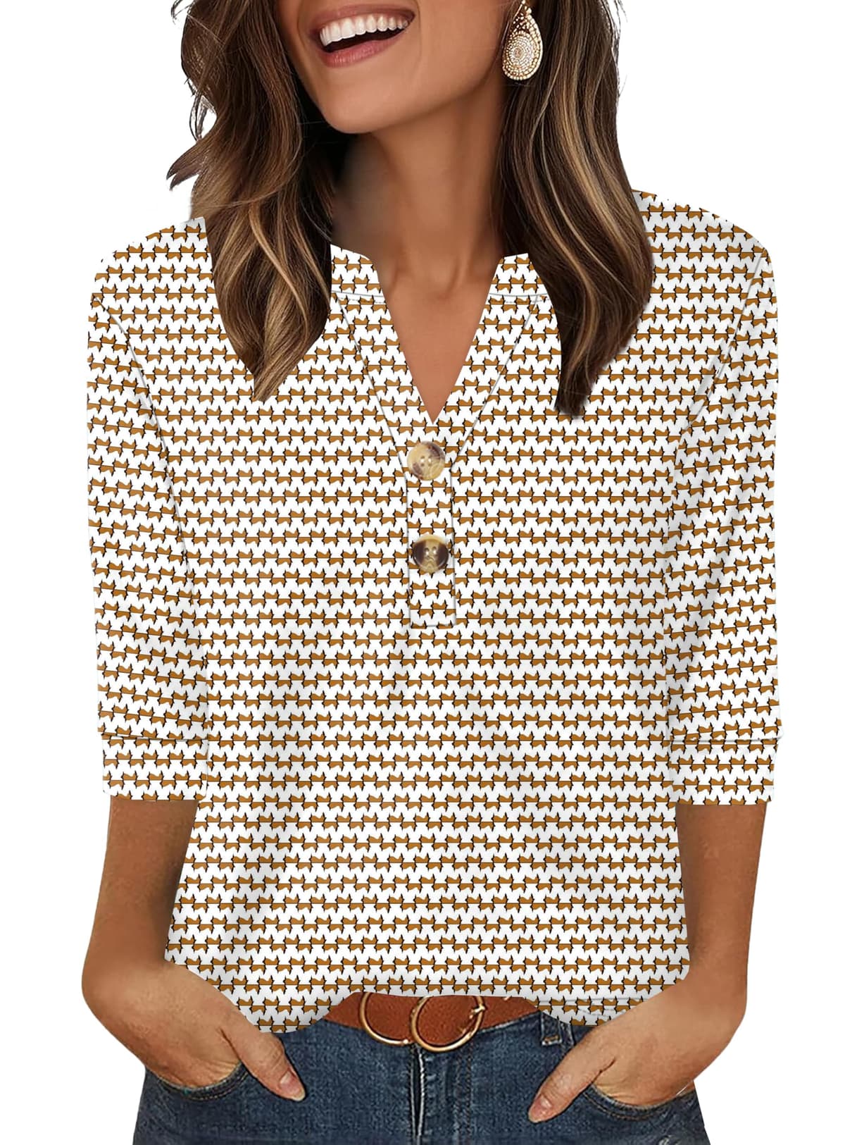 Aokosor Womens 3/4 Sleeve Tops Ladies Blouse V Neck Tunic Long Sleeve T Shirts Curved Hem Office Wear — view 5