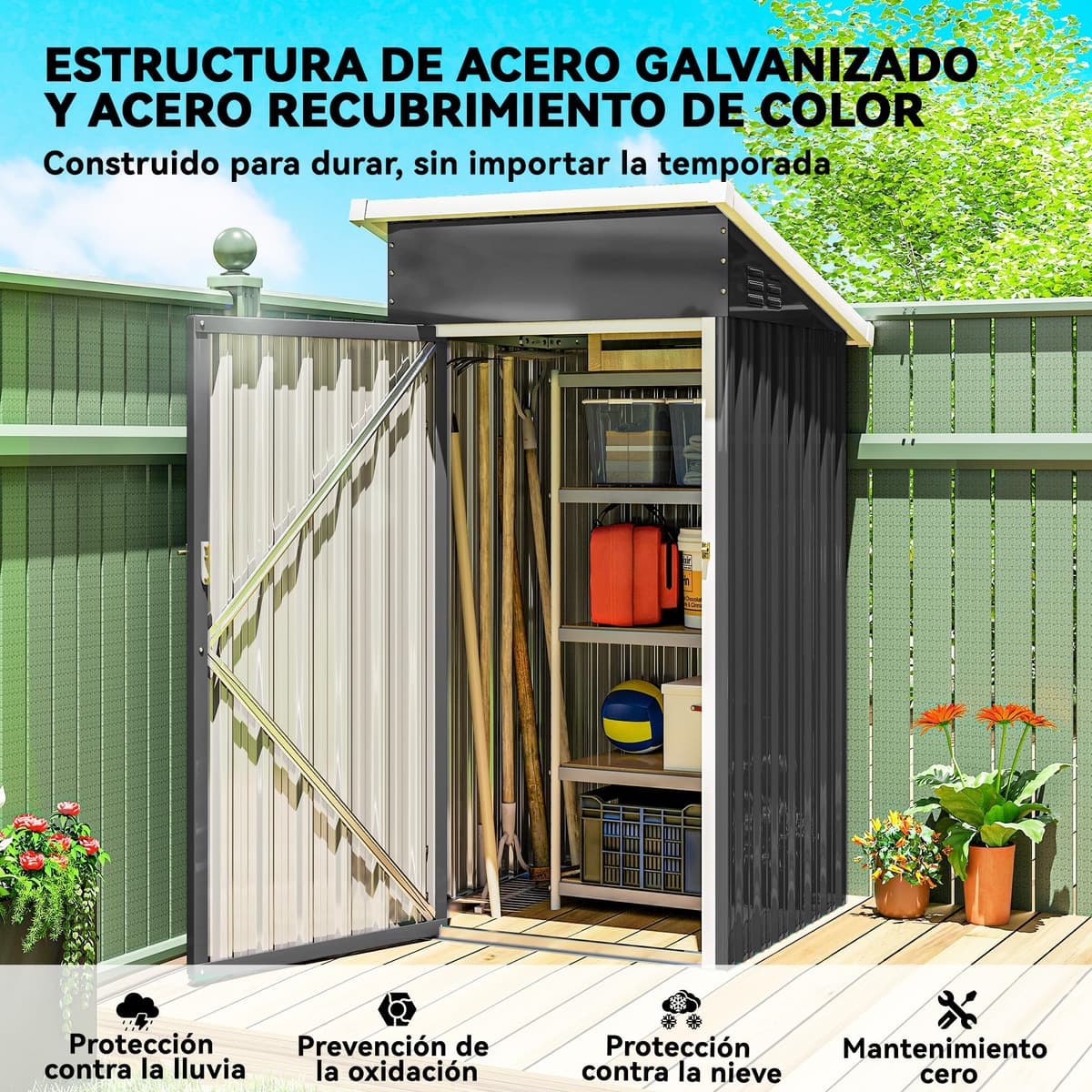 Outsunny Caseta de Jardín Exterior 0,74 m², 107,5x91x185 cm, Cobertizo de Jardín Exterior Metálico con Techo Inclinado, Puerta con Cerradura y Ventilaciones para Almacenamiento de Herramientas, Gris — view 5