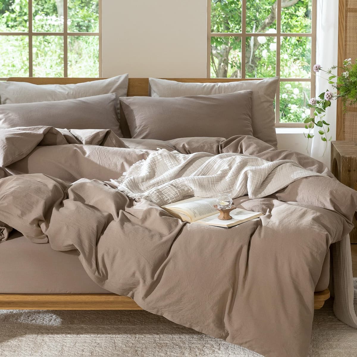 MooMee Bedding Duvet Cover Set 100% Washed Cotton Linen Like Textured Breathable Durable Soft Comfy (Tannish Linen Grey, King) — view 249