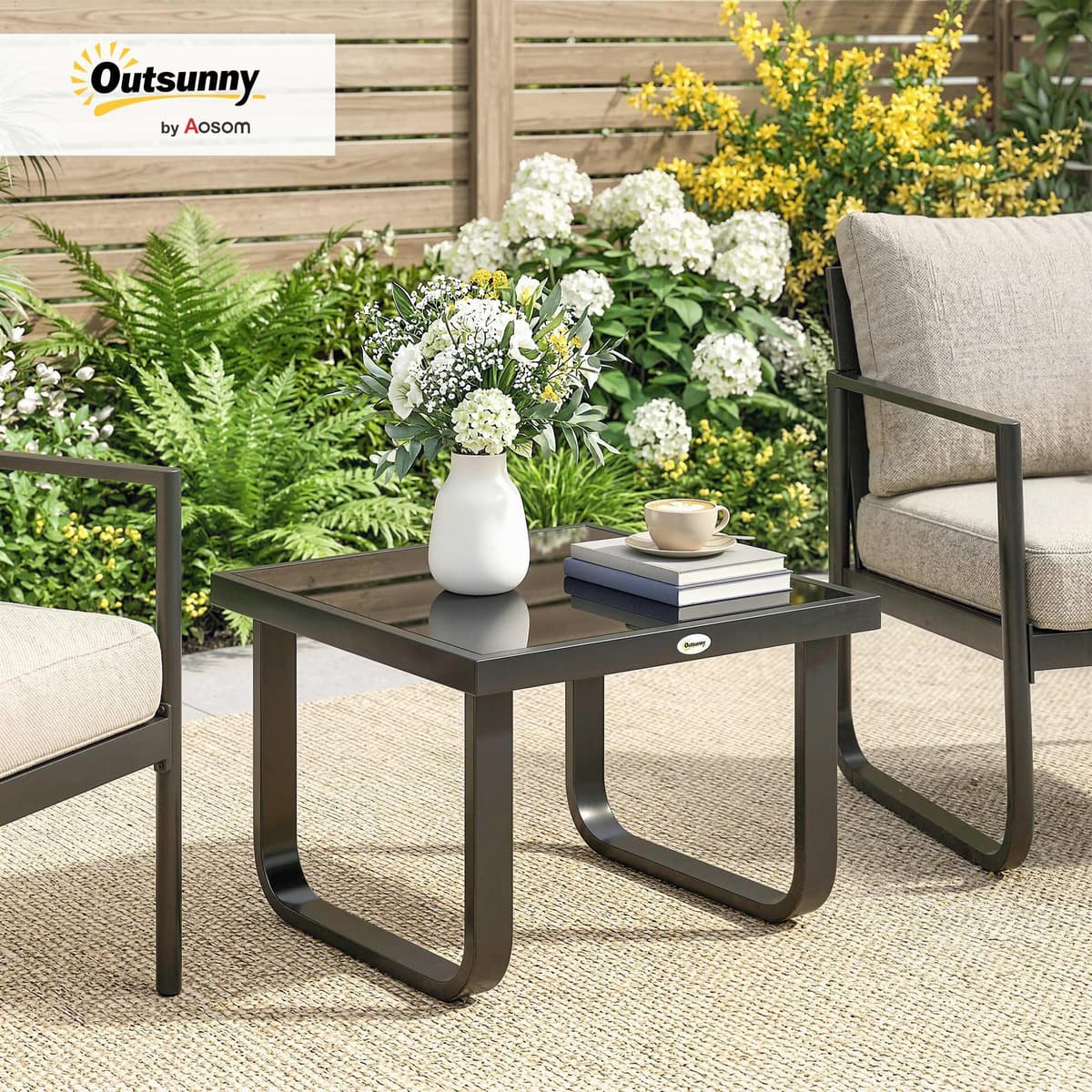 Outsunny Metal Garden Coffee Table, Outdoor Rectangle Side Table with Tempered Glass Tabletop and Adjustable Foot Pads for Terrace, Balcony, Patio, 45 x 45 x 33 cm, Black — view 2