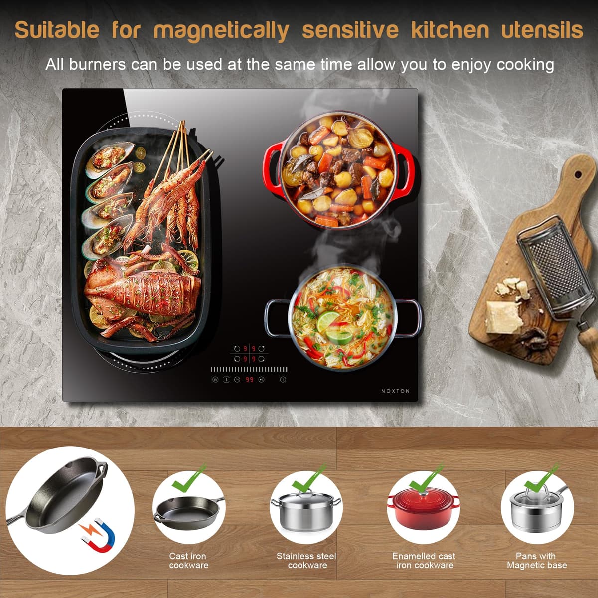 NOXTON Plug in Induction Hob 60 cm Flex Zones with 13AMP Plug, Induction Hob 4 Ring Built-in Slide Control, Timer, Pause Function, Safe lock, 2800W, 220V-240V — view 5