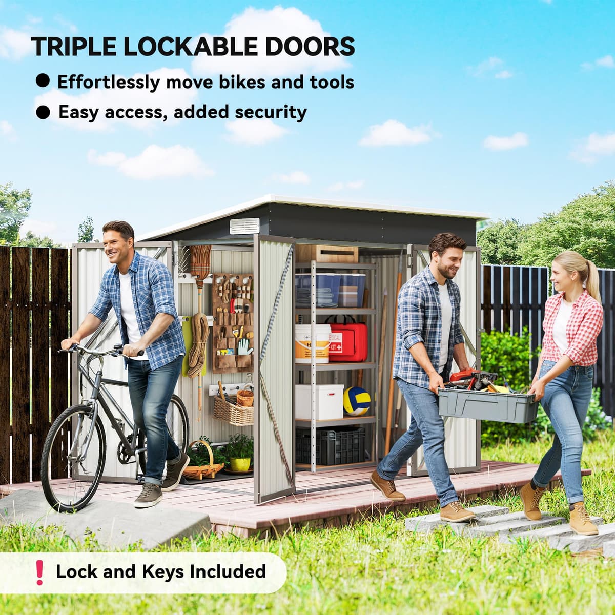 Outsunny 7.5 x 4.3ft Metal Garden Storage Shed, Waterproof Outdoor Shed with Triple Lockable Door, Gloves, Vents and Pitched Roof, Tools Bike Storage for Garden, Patio, Courtyard, Light Grey — view 3