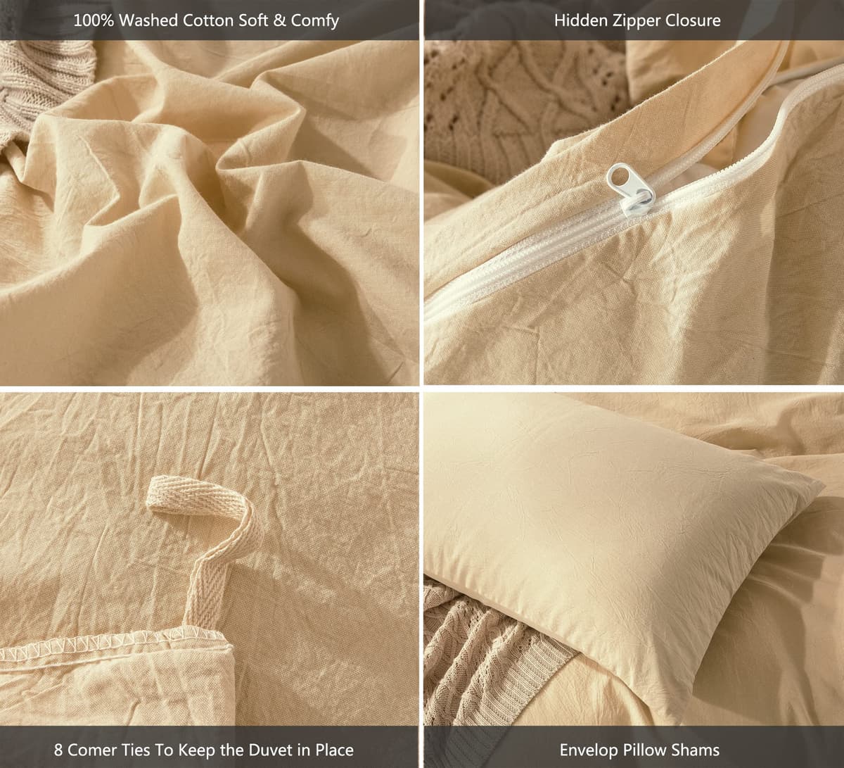 MooMee Bedding Duvet Cover Set 100% Washed Cotton Linen Like Textured Breathable Durable Soft Comfy (Tannish Linen Grey, King) — view 124