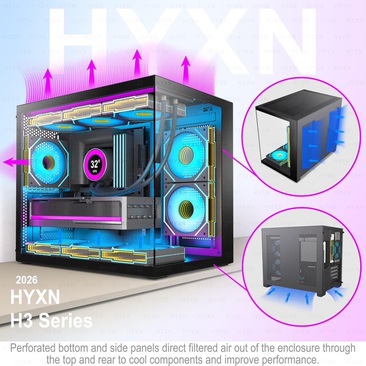 H3 ATX PC Case - Pre-Installed with 6 Infinity Mirror PWM ARGB Fans - Compact Dual Cavity Mid-Tower Gaming PC Case,360mm Radiator Support - with Type-C 3.2 (Black) — view 5