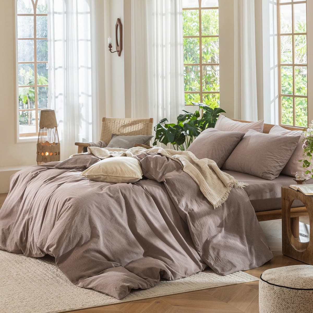 MooMee Bedding Duvet Cover Set 100% Washed Cotton Linen Like Textured Breathable Durable Soft Comfy (Tannish Linen Grey, King) — view 22