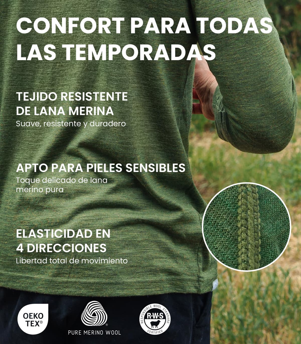 Merino.tech Camiseta Lana Merino Hombre - Deportiva Ropa Térmica 100% Lana Merino Ligero, Medio, Pesado con Calcetines — view 4