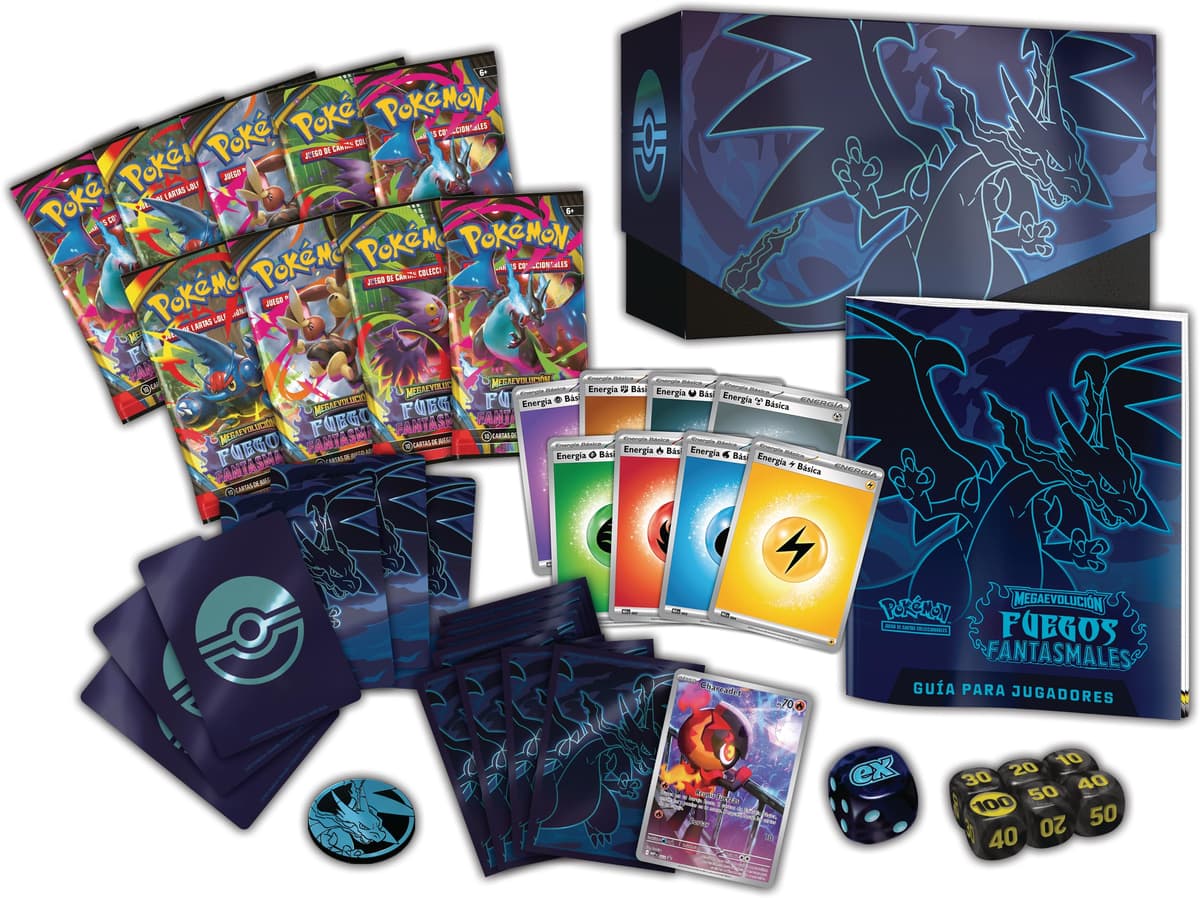 Pokémon: Caja de Entrenador Élite de Megaevolución-Fuegos Fantasmales de JCC Pokémon (1 Carta de promoción con ilustración expandida, 9 Sobres de Mejora y Accesorios prémium) — view 5