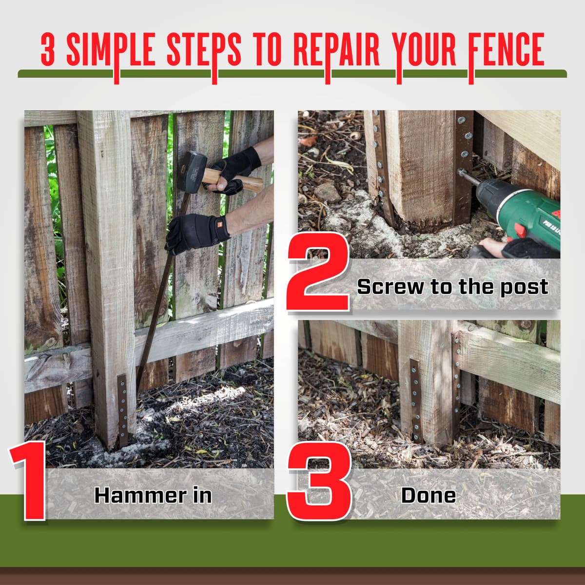 Post Buddy Pack of 4 Easy Fence Post Repair Kit (to Fix 2 Broken Wood Posts), Quick and Simple to Install, Effective, Durable Steel Stakes — view 3