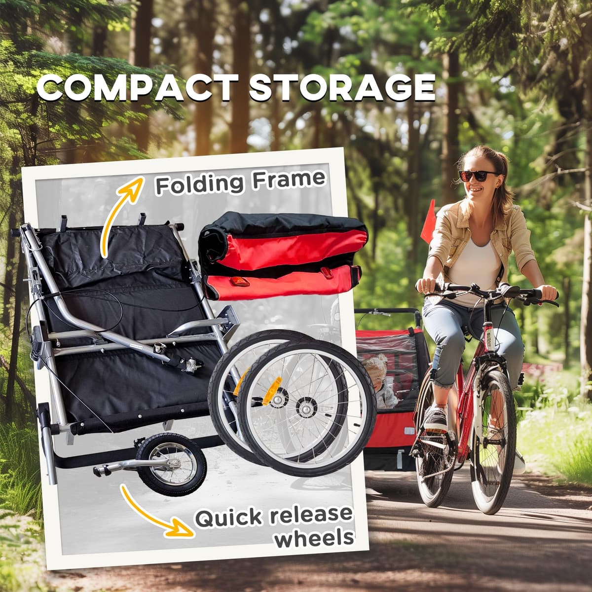 HOMCOM 2 Seat Bike Trailer for Kids, Baby Bike Stroller with 5 Point Harness, Child Bicycle Trailer with Safety Flag, Reflectors, Windproof Curtain, for 18+ Months, Red — view 5