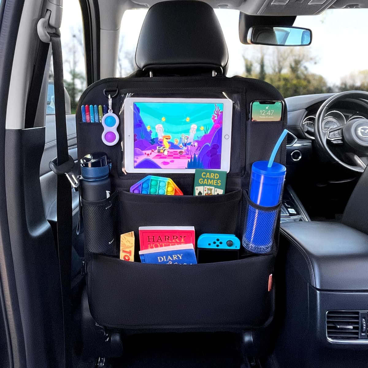 Car Seat Organiser - Kids Back Seat Organiser, Storage Pockets, Screen Holder, Black, 1 Pack — view 2