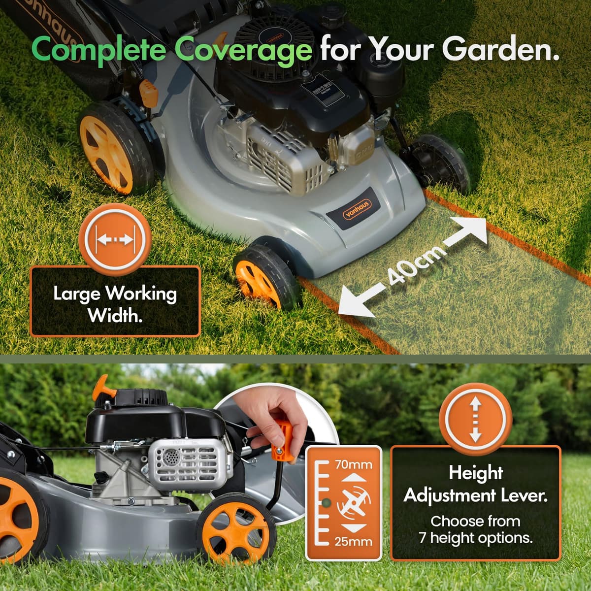 VonHaus Petrol Lawnmower 132cc – Self Propelled Lawn Mower for All Types of Grass/Gardens – 40L Collection Bag, 40cm Working Width, 7 Height Settings — view 3