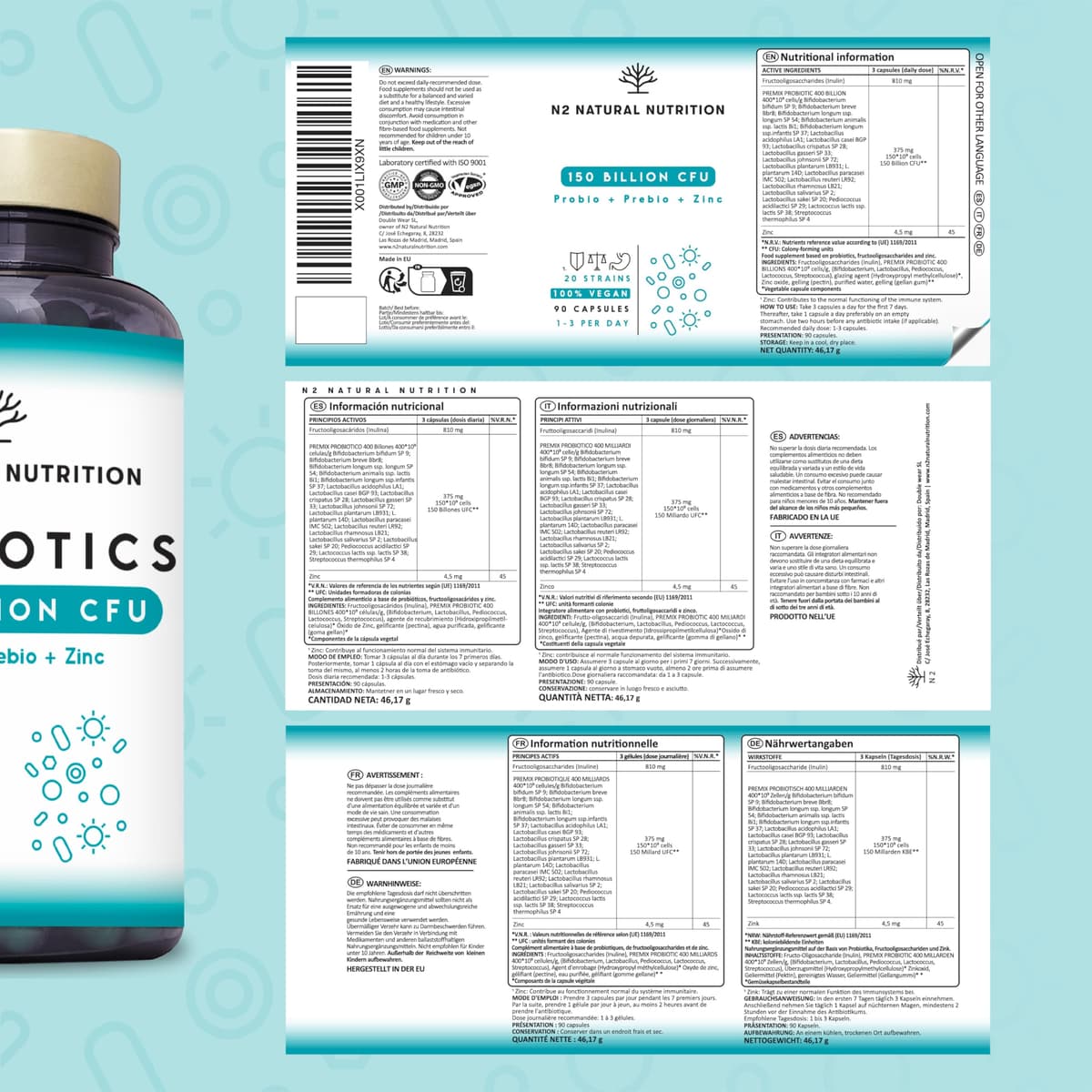 Probioticos 150 mil millones UFC y 20 Cepas. Máxima concentración de Probioticos y Prebioticos intestinales y Zinc. Terapia de choque 76 Días. Colon irritable y gases. Vegano. CE. N2 Natural Nutrition — view 9