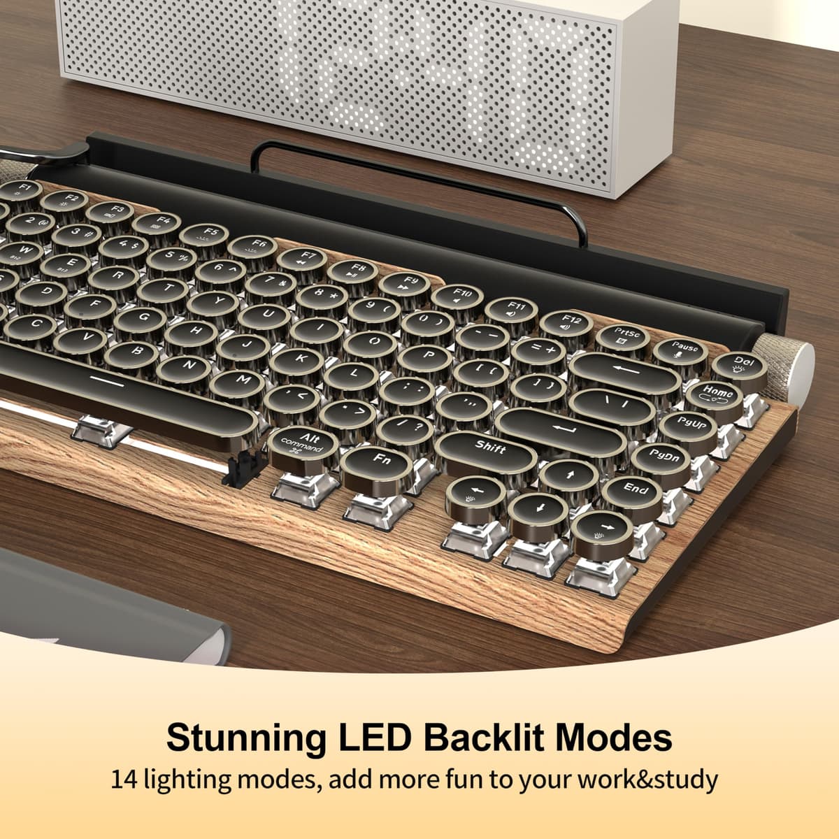 Retro Typewriter Wireless Mechanical Gaming Keyboard, Bluetooth 5.0 Office Computer Vintage Keyboards 83-Key Blue Switches Punk Round Keycap, LED Backlight, Compatible with PC/Laptop/Pad/Phone, Wood — view 5