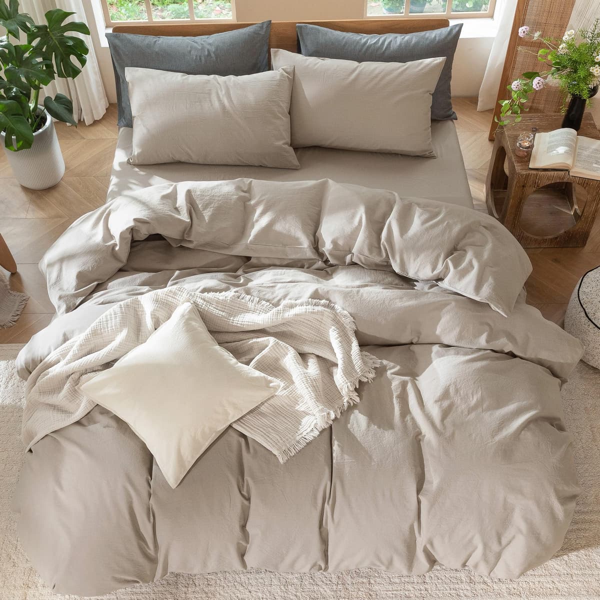 MooMee Bedding Duvet Cover Set 100% Washed Cotton Linen Like Textured Breathable Durable Soft Comfy (Tannish Linen Grey, King) — view 95