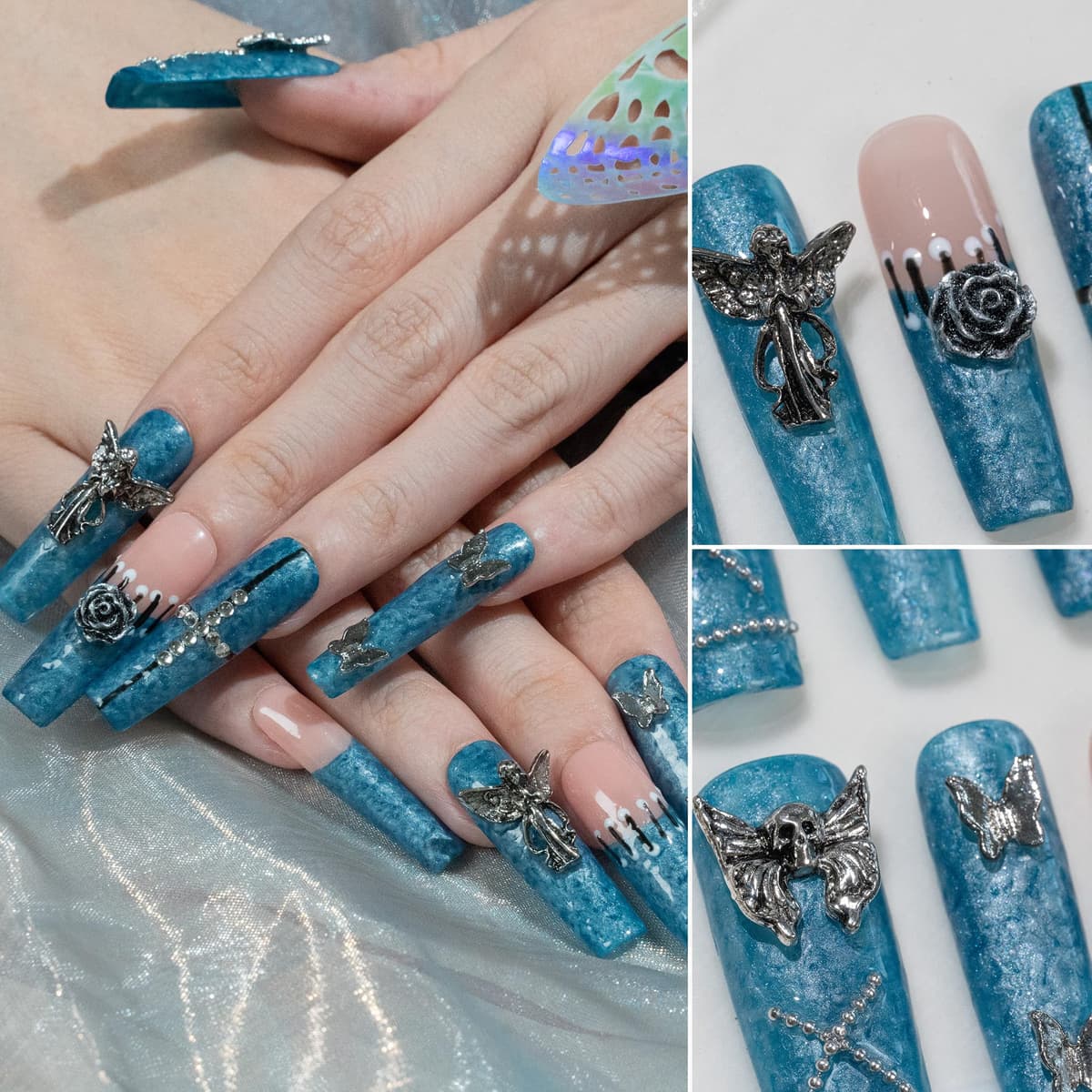 Sun&Beam Nails Handmade Press On Nail Long Coffin Ballerina Pink Flower Acrylic Fake Tip 3D Design Art Charms Cute with Storage Box 10 Pcs (S) — view 128