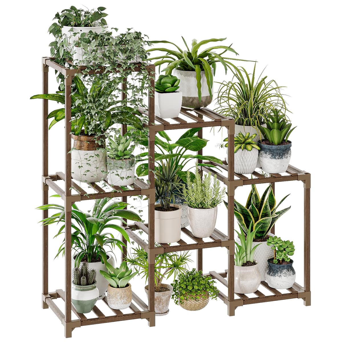 Bamworld Soportes para plantas de interior, estante escalonado de madera para plantas al aire libre para múltiples plantas,3 neumáticos,7 escalera, soporte para plantas,mesa para ventana,jardín,balcón
