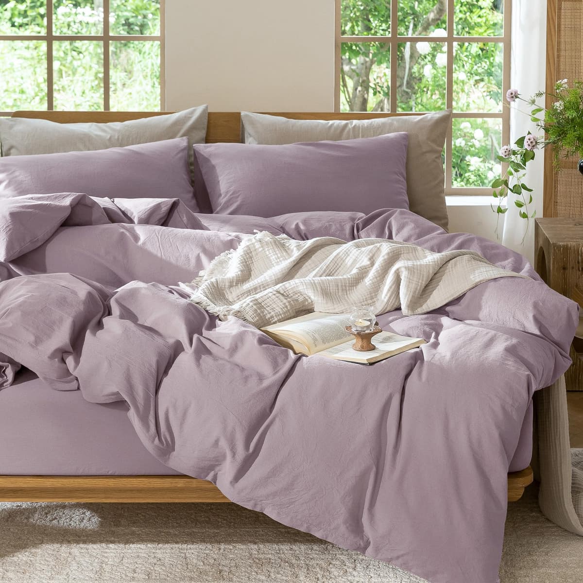 MooMee Bedding Duvet Cover Set 100% Washed Cotton Linen Like Textured Breathable Durable Soft Comfy (Tannish Linen Grey, King) — view 117