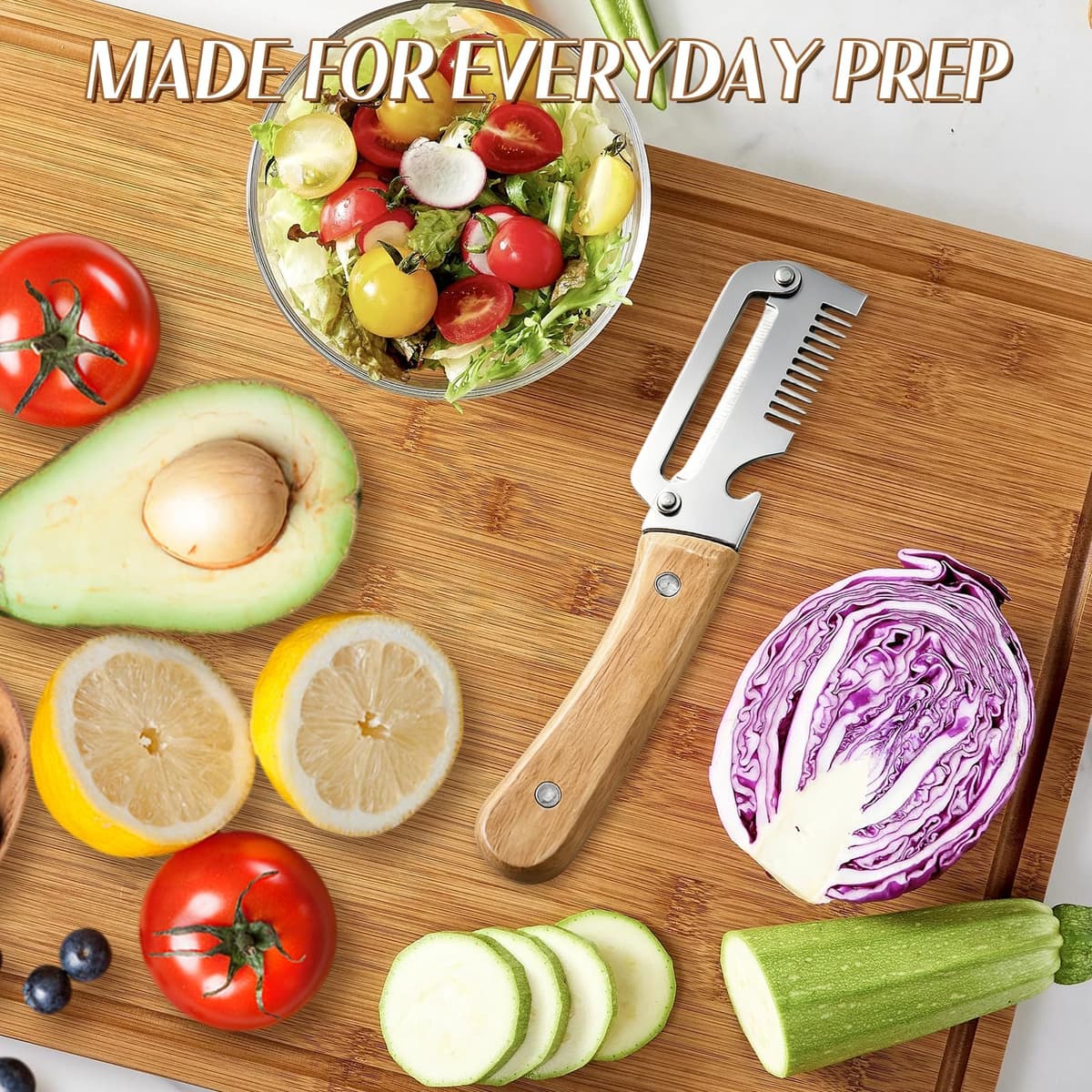 3-in-1 Multifunctional Vegetable Peeler, Upgrade Zero Snag Wooden Kitchen Tool, Stainless Steel Peeler with Wooden Handle for Shredding, Opening Bottles, Vegetables, and Fruits (2 pcs) — view 5