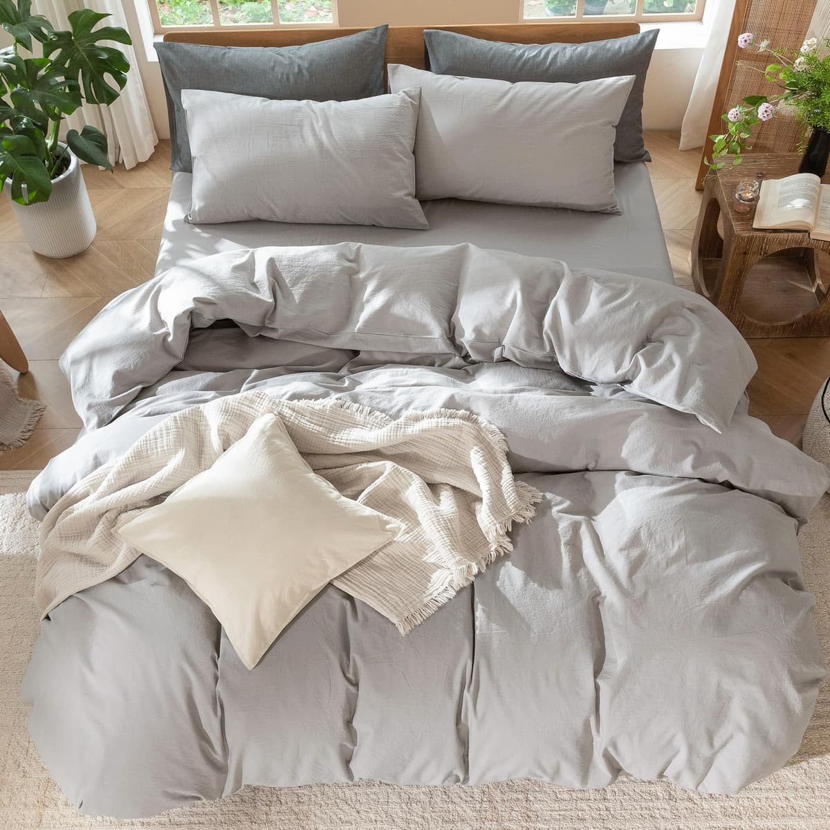 MooMee Bedding Duvet Cover Set 100% Washed Cotton Linen Like Textured Breathable Durable Soft Comfy (Tannish Linen Grey, King) — view 218
