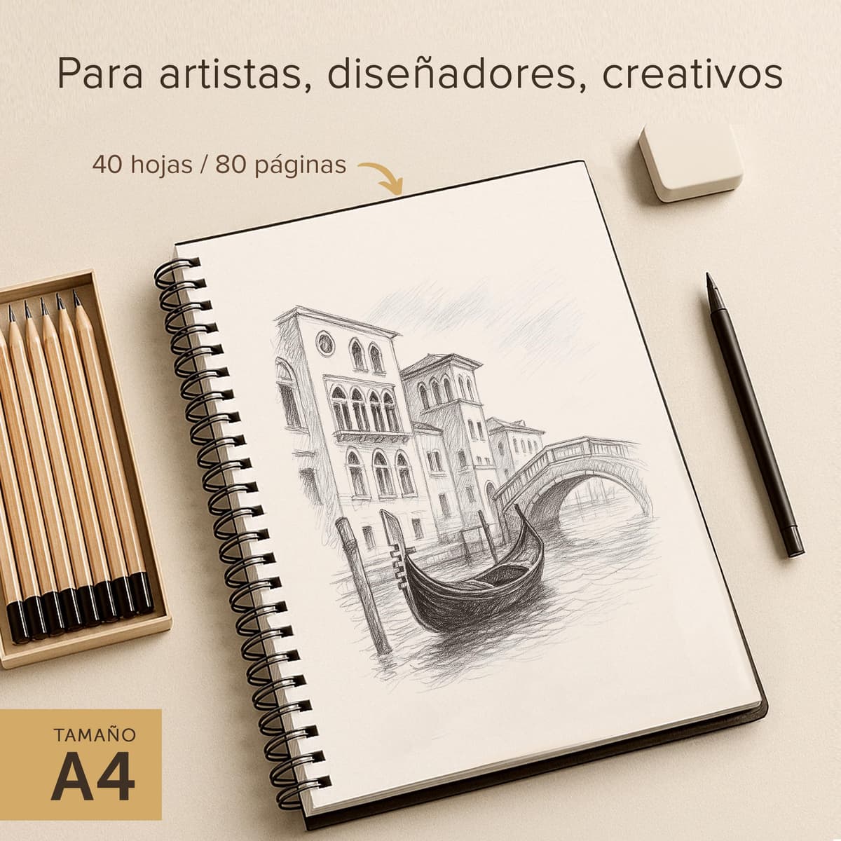 Cuaderno de Bocetos de Artista A4 - Tapa Dura, Papel muy Grueso de 200 gm2 - Encuadernado en Espiral para Niños, Profesionales, Dibujar y Hacer Bocetos - 21x29 cm, 40 hojas, 80 Páginas — view 4