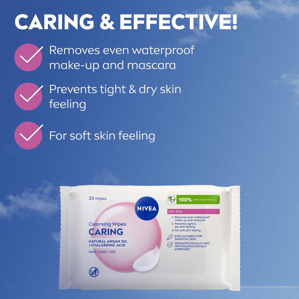 NIVEA Caring 3-in-1 Cleansing Face Wipes for Dry Skin (25 Sheets), Nourishing Face Cleanser and Makeup Wipes for Gentle Yet Effective Makeup Removal — view 2