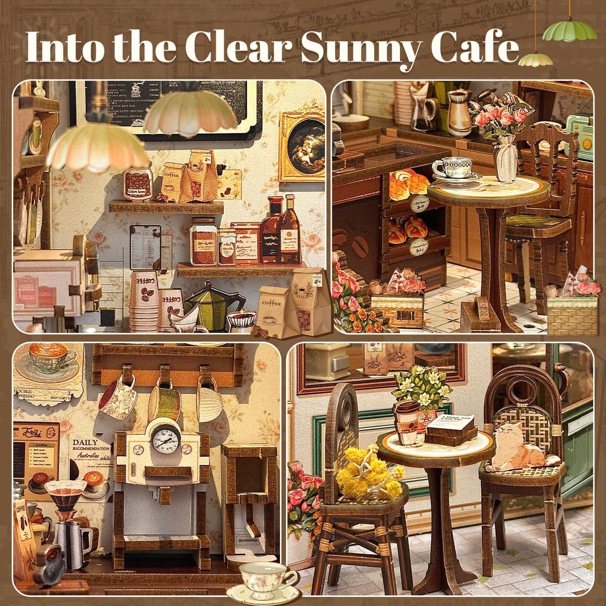 Fsolis Book Nook Kit - Miniature Dollhouse Coffee Shop | Puzzle 3D DIY para decoración de estanterías | Regalo Atemporal para niñas y Mujeres artísticas (Sunny Cafe) — view 3