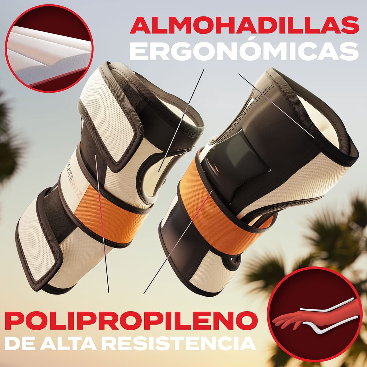 SKATEWIZ Protecciones Patines Adulto, Rodilleras Skate - Protecciones Patines de Hielo - Kit Protección Skate - Rodilleras y Coderas Adulto - Shield Talla L Naranja — view 2