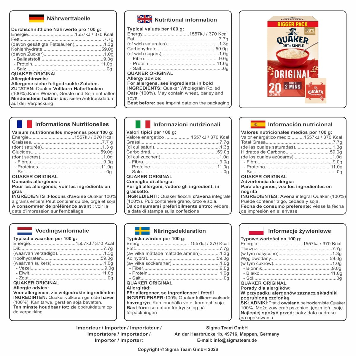 Set Cleverry con Quaker Oat So Simple Family Pack Original 40 bolsitas x 27g, Avena integral — view 2
