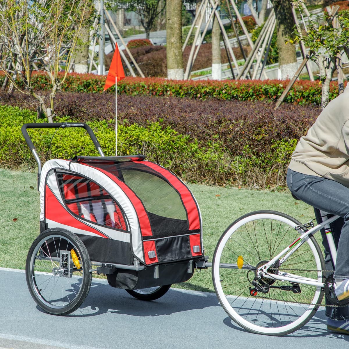 HOMCOM Child Bike Trailer, Baby Bicycle Trailer for 2 Kids with 5 Point Harness, Steel Frame, Reflectors, Safety Flag, Hitch Coupler, Red — view 2