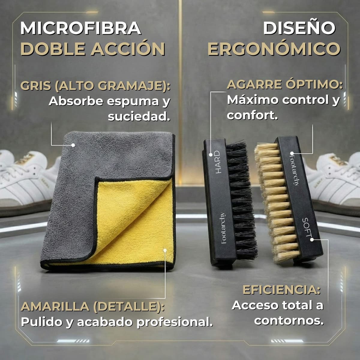 Footarchy Kit Limpieza Zapatillas Profesional - Espuma 150ml con 2 Cepillos (Soft y Hard) y Microfibra Doble Cara, Ideal para Cuero Goma Plastico y Suelas - Limpiador Zapatos sin agua — view 8