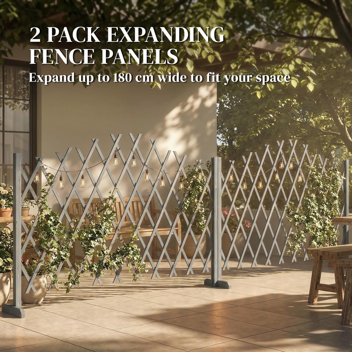 Outsunny 2 Pack Expanding Fence Panels, Wooden Freestanding Garden Fence with Adjustable Length, Stable Feet, Expandable Trellis Fencing for Indoor Outdoor Patio, 180 x 30 x 103cm, Dark Grey — view 3