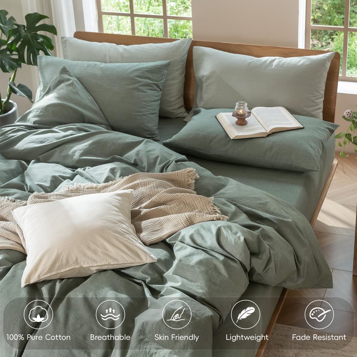 MooMee Bedding Duvet Cover Set 100% Washed Cotton Linen Like Textured Breathable Durable Soft Comfy (Tannish Linen Grey, King) — view 84