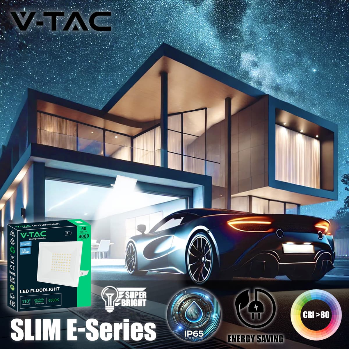 V-TAC Foco LED Exterior 50W Blanco – [ E-Series – Altas Prestaciones, Bajo Consumo ] – 4000 Lúmenes – Super Slim – Impermeable IP65 – Proyector para Hogar, Garaje y Almacén – Blanco Neutro 4000K — view 2