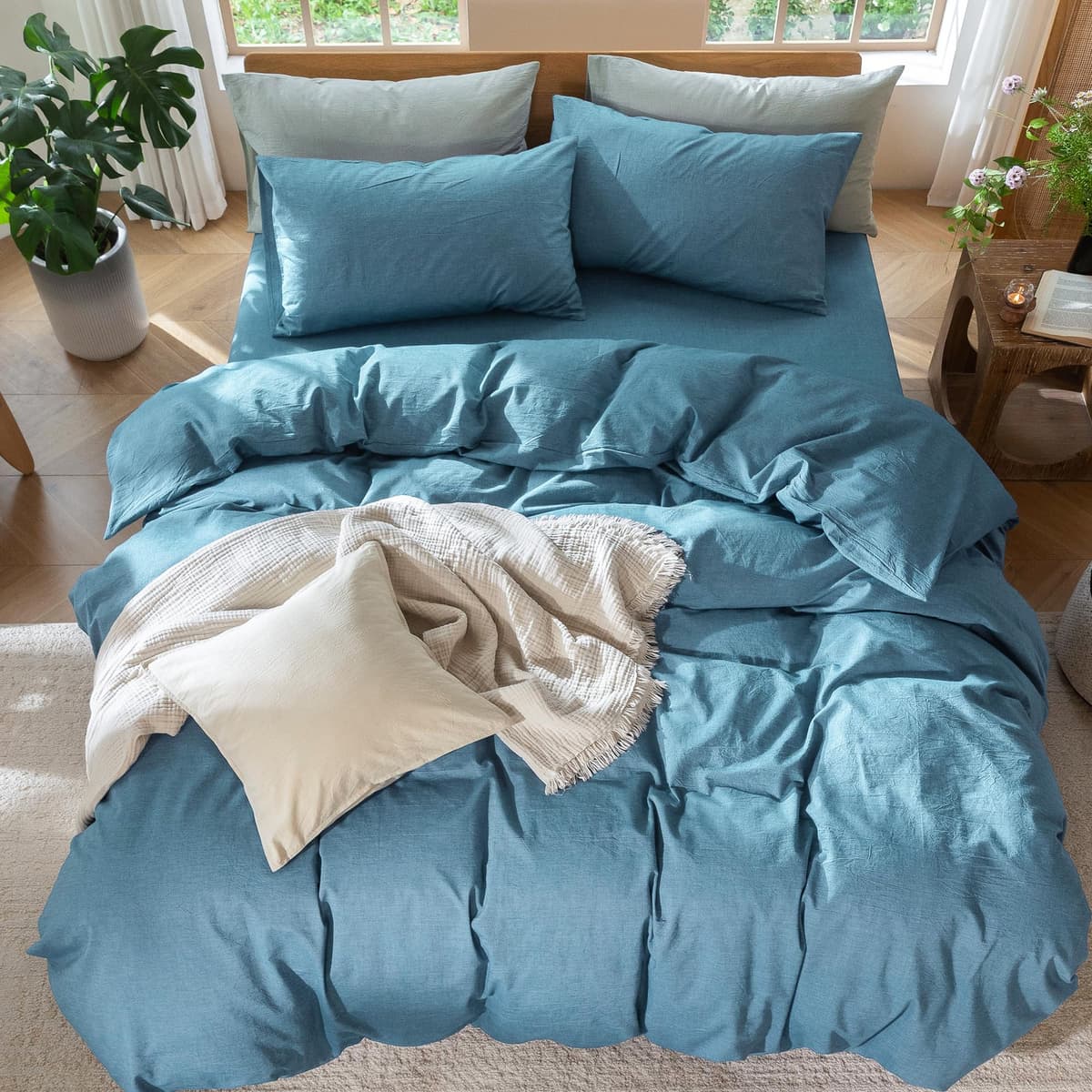 MooMee Bedding Duvet Cover Set 100% Washed Cotton Linen Like Textured Breathable Durable Soft Comfy (Tannish Linen Grey, King) — view 104