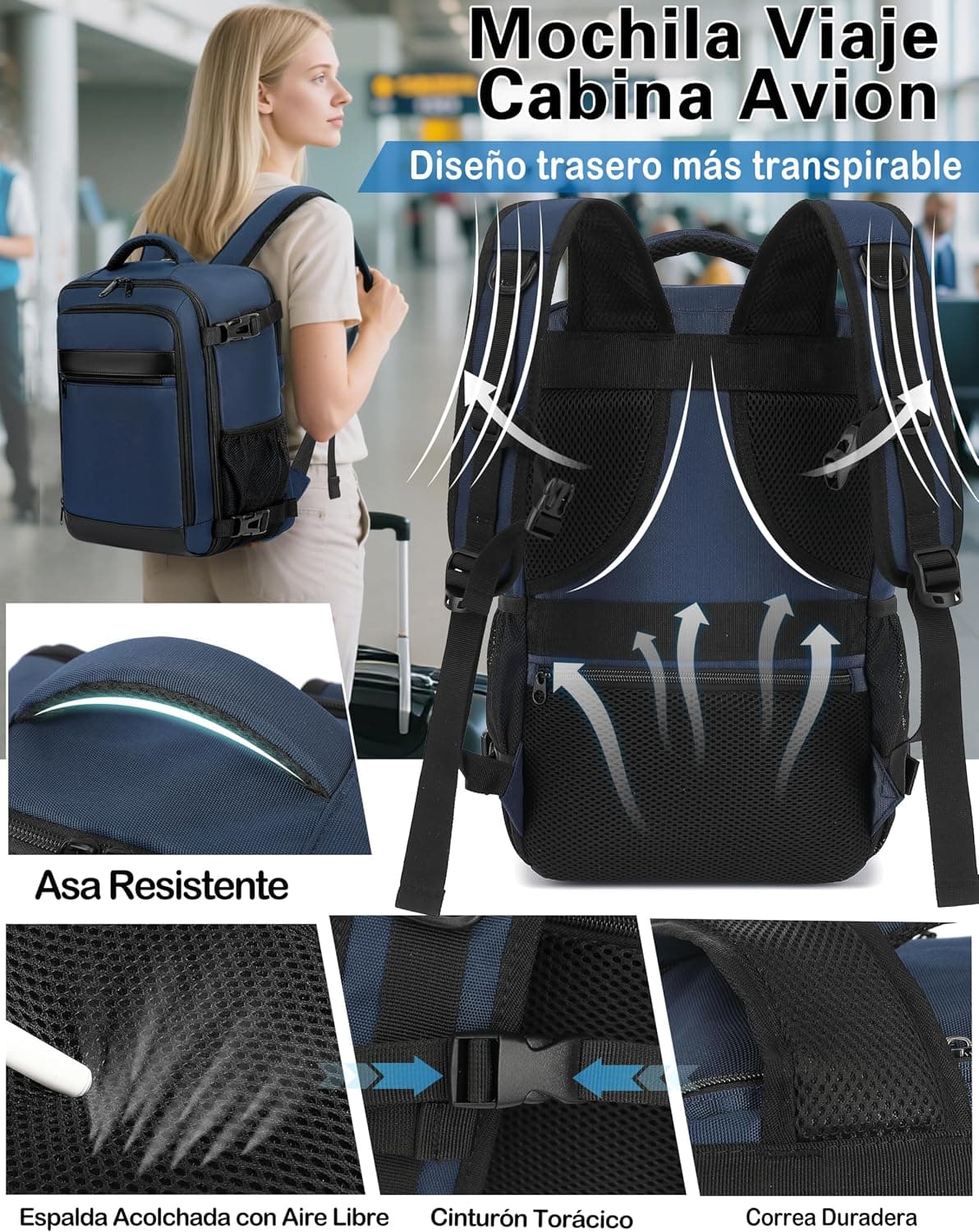 KLOSTAIN Backpack Travel Cabin Airplane for Ryanair Backpack Cabin Hand Luggage Bag Travel Work School for Men Women, dark bl — view 4