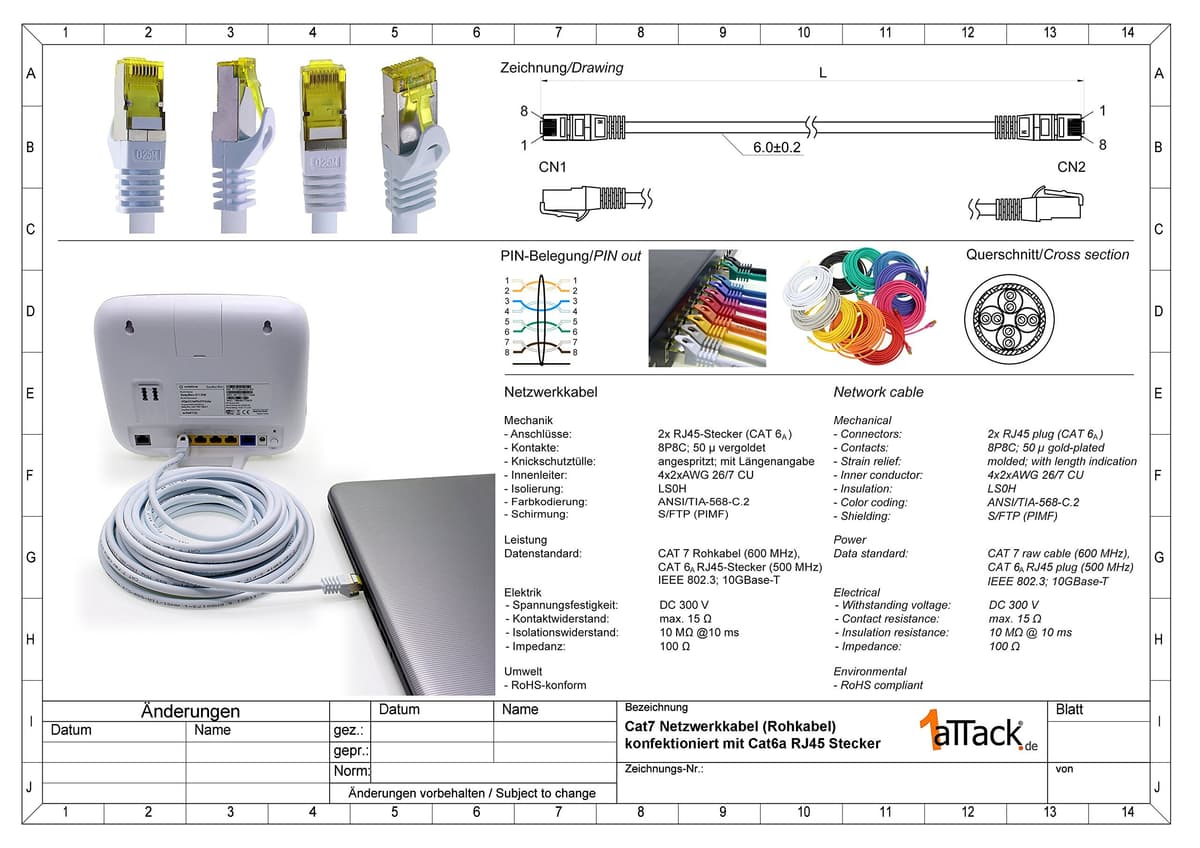 Cat.7 Patch Cable Set, S/FTP (PiMF) Ethernet LAN Network Cables, 10 Gigabits/10000 Mbps – High Speed – 600 MHz with Locking Protection, Halogen-Free (LSZH) Violet - 1 pièce 10m — view 2