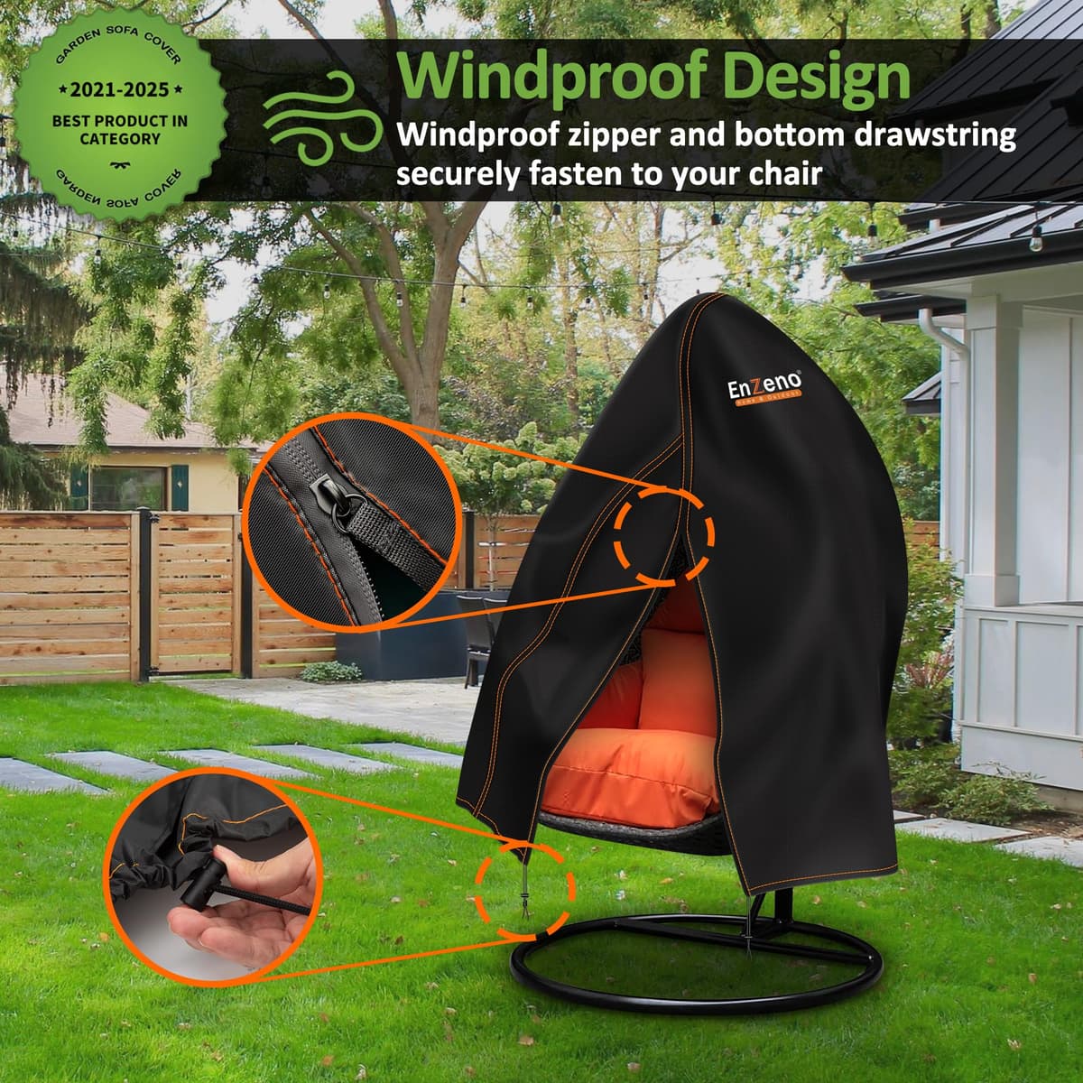 Enzeno Patio Hanging Egg Chair Cover, Outdoor Single seat Cocoon Swing Egg Chair Covers Waterproof with Zipper, 300D Heavy Duty Veranda Garden large Cover for egg chair on stand 190 * 115cm, Black — view 4