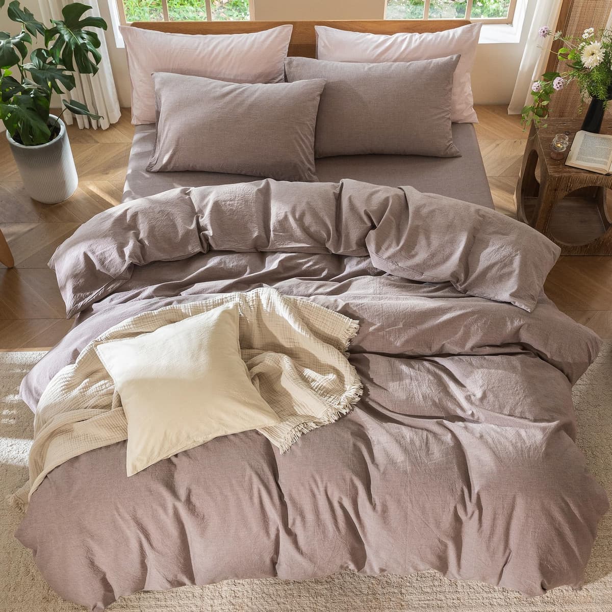 MooMee Bedding Duvet Cover Set 100% Washed Cotton Linen Like Textured Breathable Durable Soft Comfy (Tannish Linen Grey, King) — view 24