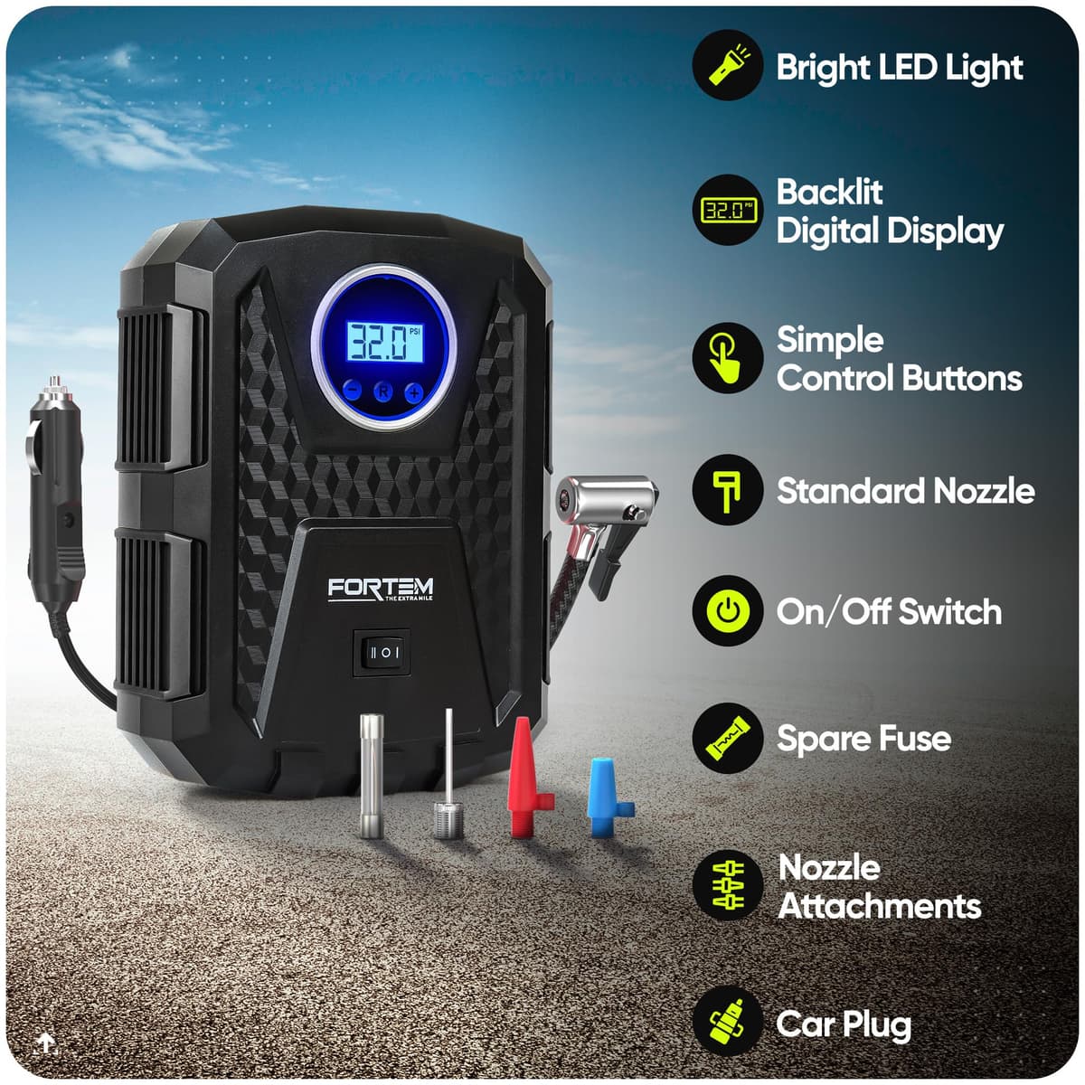 FORTEM Car Tyre Inflator 150 PSI, Air Compressor, Electric Air Pump for Car Tires, Digital Tire Pump w/Auto Pump/Shut Off, Carrying Case — view 2