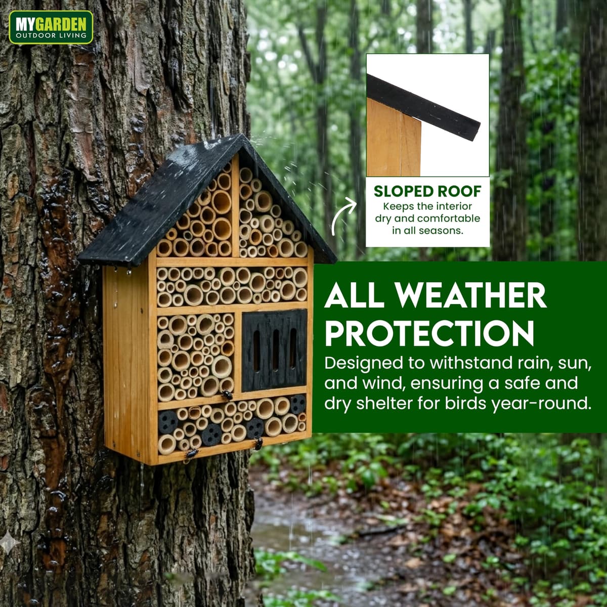 My Garden Insect House for Garden Bees & Butterflies - Outdoor Bug Hotel Shelter, Solid Pine Wood Bee House with Multi Chambers - Weather Resistant Wildlife Habitat, Easy Mount — view 4