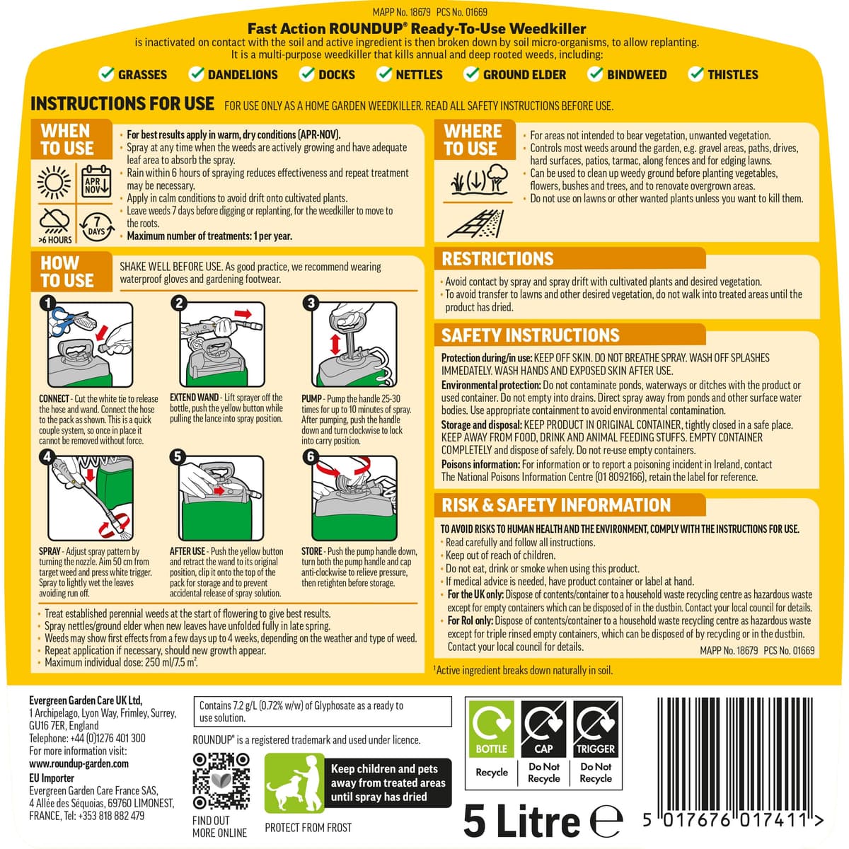 Roundup Fast Action Weedkiller Pump 'N Go Spray – 5L Ready-to-Use Glyphosate Formula – Kills Weeds & Roots with Visible Results in 1-2 Days – Refillable Pressure Sprayer with Extendable Lance — view 2