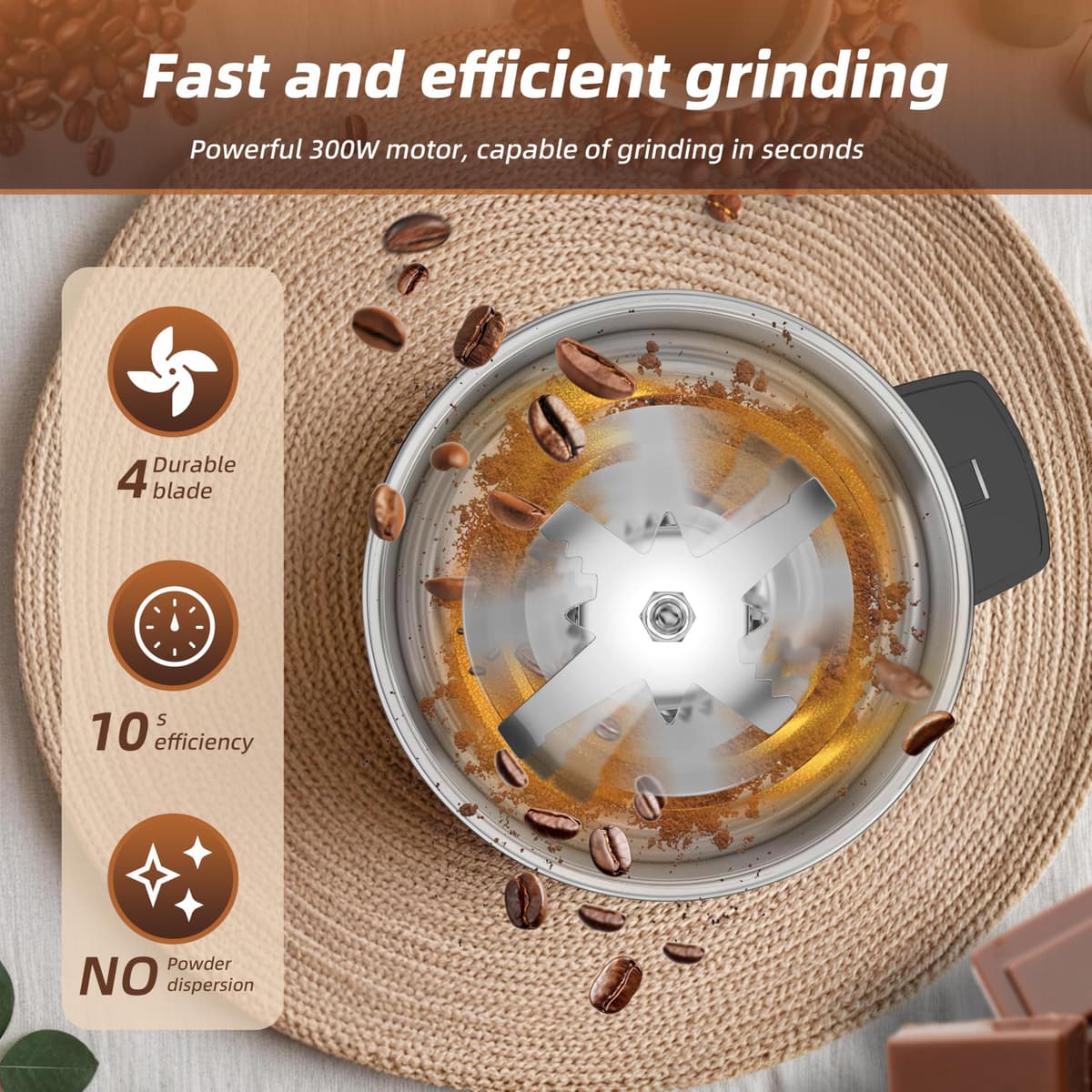 Electric Coffee Grinder 300W, Adjustable Grind, Espresso/Drip/Pour. Coffee Grinder for Coffee, Spices, and Other Foods (T-302) — view 3