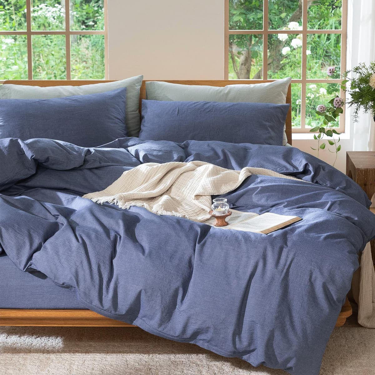 MooMee Bedding Duvet Cover Set 100% Washed Cotton Linen Like Textured Breathable Durable Soft Comfy (Tannish Linen Grey, King) — view 191