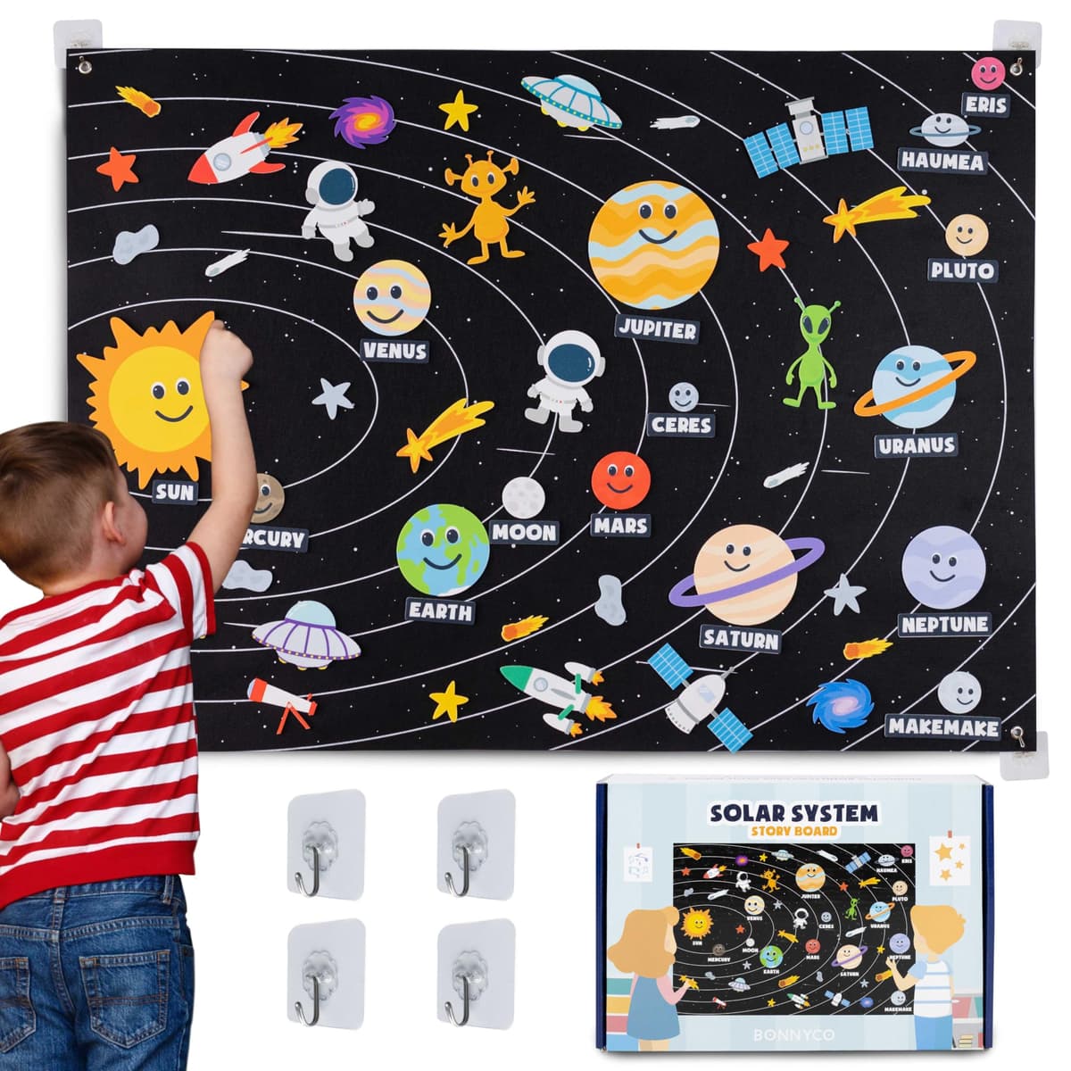 BONNYCO Sistema Solar para Niños con 61 Figuras Fieltro. Planetas Sistema Solar para Niños, Juguetes Montessori 3 4 5 6 7 8 Años. Juegos Educativos, Regalos Infantiles Planetario Cumpleaños Navidad