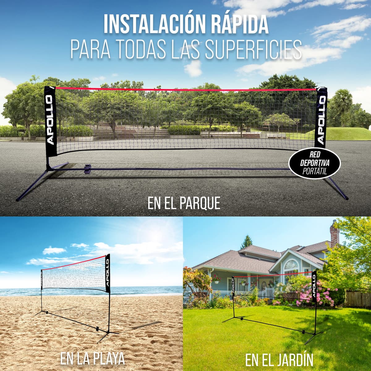 Apollo Red de Voleibol | 300cm, 400cm, 500cm | Red de Bádminton Regulable en Altura en 3 Posiciones | Red de Tenis Incluye Estructura de Hierro Estable y Bolsa de Transporte — view 3