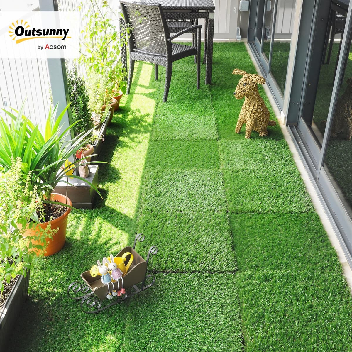 Outsunny 22-Piece Artificial Grass Mat, 30 x 30 cm, Grass Height 25 mm, Automatic Drainage, for Garden, Terrace, Patio, Balcony, Green — view 2