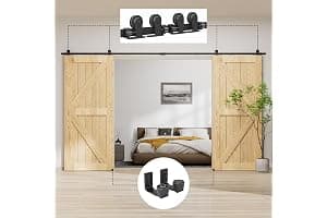 LTIYITL 274CM (9FT) Herraje Para Puerta Corredera Kit de Granero Accesorio de Armario Con Rodillo de Riel Para Puerta Doble,Contiene Guía de Suelo Ajustable