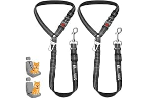 Comfortable Dog Seat Belt Harness for Car - 2-in-1 Leash and Restraint Secures to Headrest. Adjustable Bungee, Strong, Durable, 360 Degree Swivel Attach Won't Twist, Reflective, Easy to Use (Black)