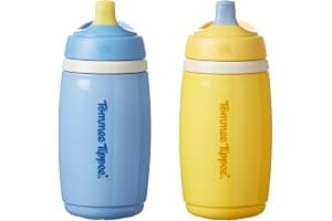 Tommee Tippee Insulated Active Spout Cup, 266ml, Non-Spill Water Bottle for Toddlers 12 Months+, Insulated to Help Keep Their Drinks Cool, Blue and Yellow, 2 Pack